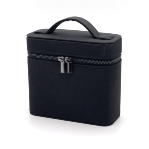 black portable makeup storage box with handle, travel cosmetic organizer case