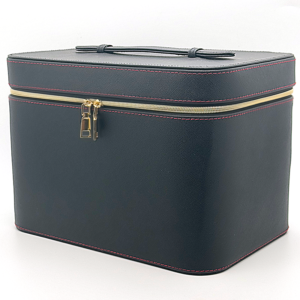 Black PU Leather Makeup Case with Red Stitching and Adjustable Dividers
