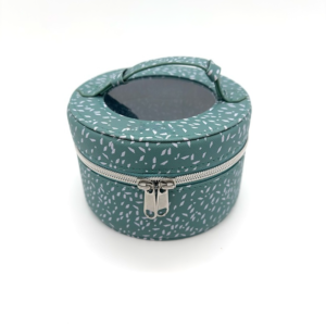 Teal round jewelry travel case with window top and handle