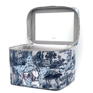 Open blue world map print makeup bag with built-in mirror