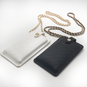 Black and white quilted leather phone crossbody bags with gold chain straps